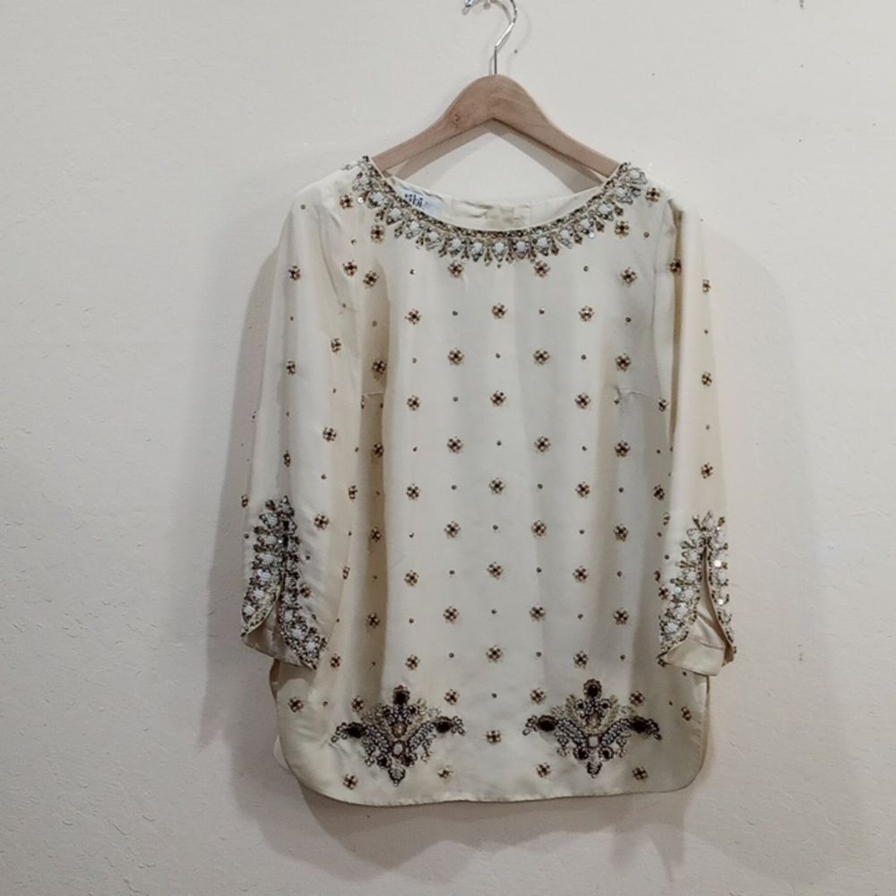 Tibi New York Bejeweled Silk Tunic Blouse, Size 10